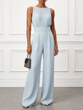 Women Light Blue Pleated Boat Neck Sleeveless Dressy Jumpsuit