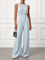 Women Light Blue Pleated Boat Neck Sleeveless Dressy Jumpsuit