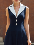 Sleeveless Lapel Collar Button-Front A-Line Maxi Dress