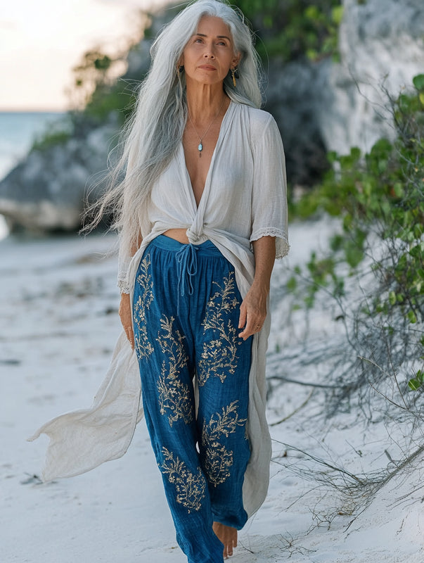 Vacation seaside elegant embroidery top + pant two piece set c550