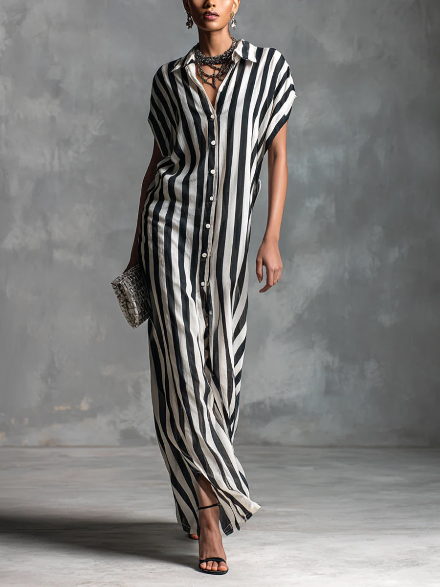 Casual Striped Linen And Cotton Shirt Dress