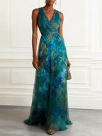 Green Floral Ruched Chiffon V Neck Sleeveless A-Line Maxi Dress