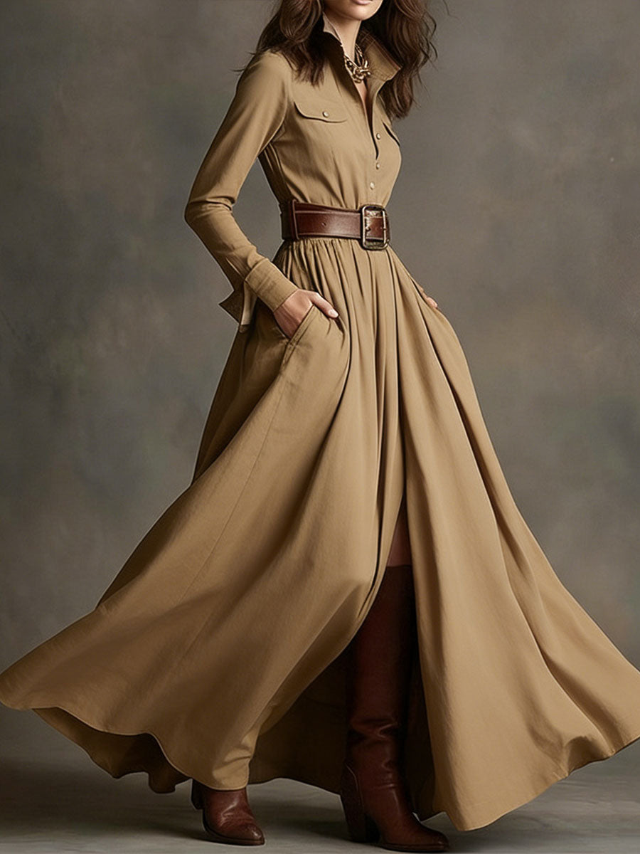 Women's Retro Solid Color Long-sleeved Dress
