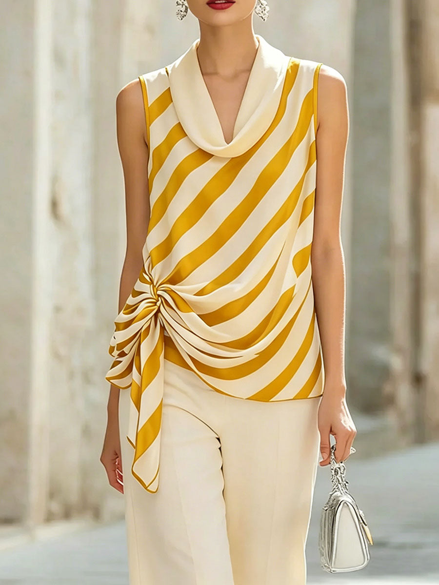 Women's Striped Print Cowl Neck Sleeveless Casual Loose Ruched Top