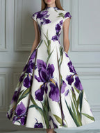 Elegant Purple Iris Print Cap Sleeve Midi Dress