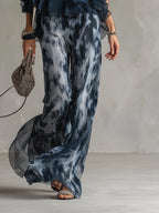 Elegant Urban Navy Blue Halter Neck Top And Printed Wide-leg Pants Chiffon Set