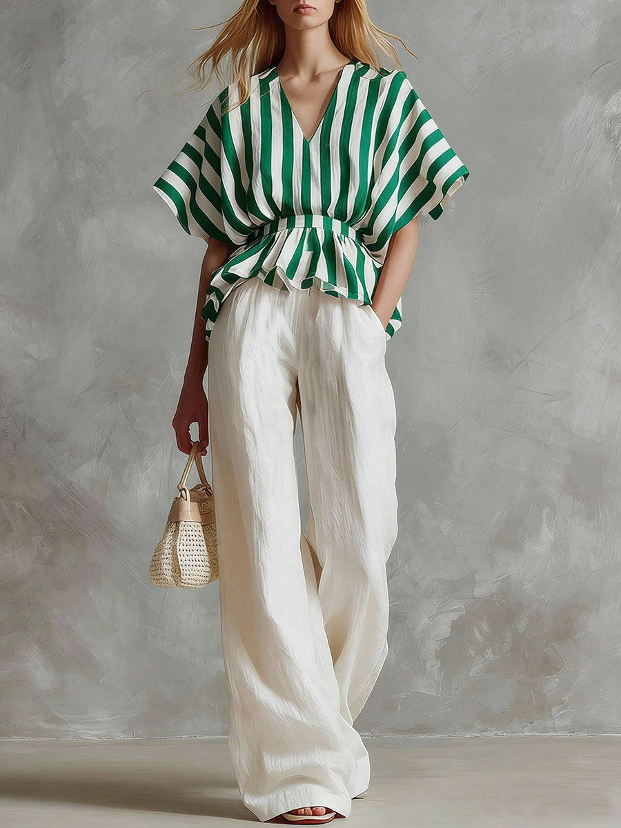 Women's striped printed V-neck 3/4 sleeve casual loose cotton linen top and solid color high-waisted wide-leg pants cotton linen set