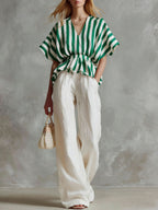 Women's striped printed V-neck 3/4 sleeve casual loose cotton linen top and solid color high-waisted wide-leg pants cotton linen set
