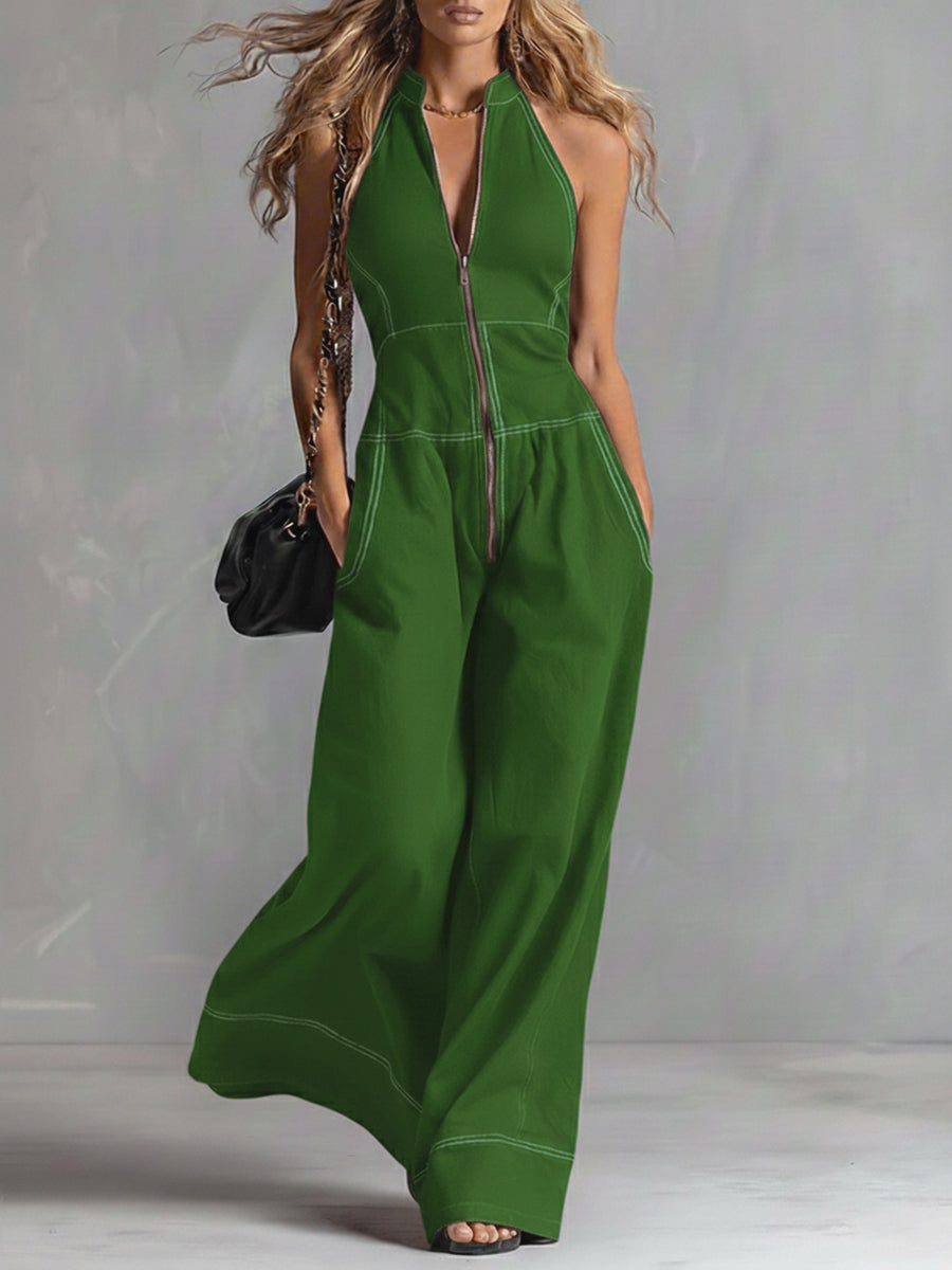 Casual Zippered Cotton Jumpsuit