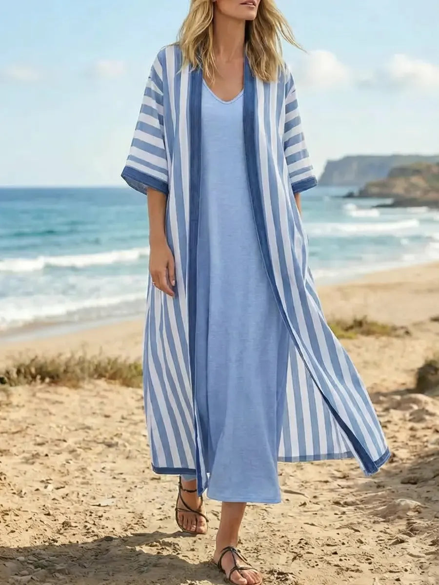 Women's Striped Art Casual Cardigan And Solid Color Dress Cotton Linen Suits