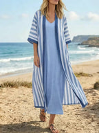 Women's Striped Art Casual Cardigan And Solid Color Dress Cotton Linen Suits