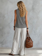 Women's Striped Zip Sleeveless Art Casual Top And Pants Stylish Cotton Suits