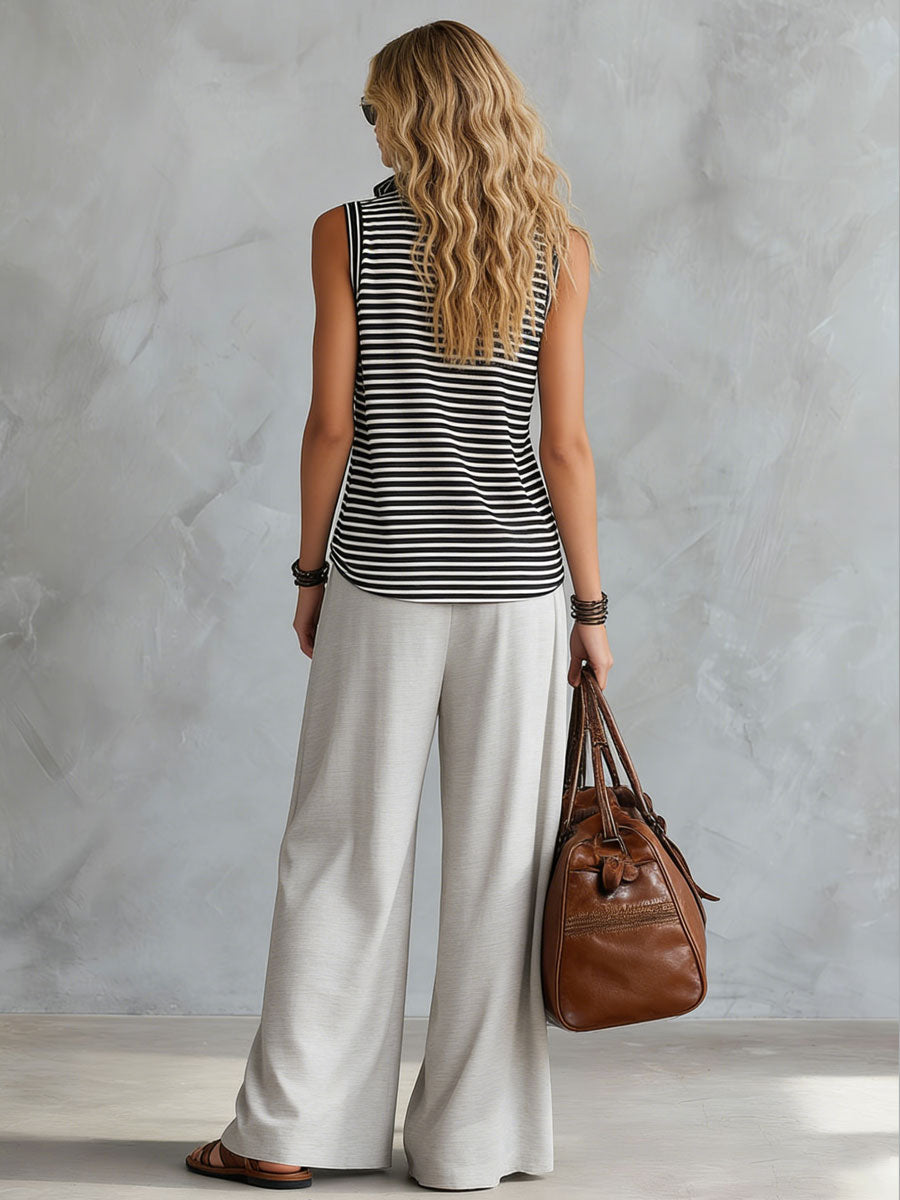 Women's Striped Zip Sleeveless Art Casual Top And Pants Stylish Cotton Suits