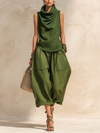 Olive Cowl Neck Sleeveless Linen-Blend Co-ord Set With Drop-Crotch Pants