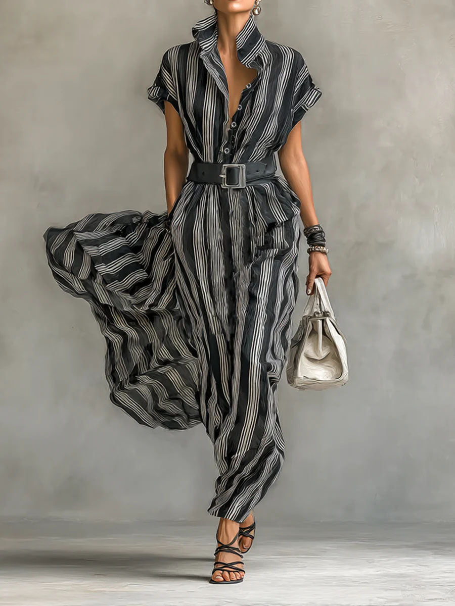 Women's Striped Printed Lapel Short-sleeved Casual Loose Cotton Linen Dress