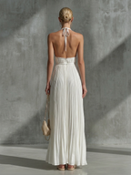White Chiffon Pleated Halter Neck Sleeveless Fitted Waist A-line Maxi Dress