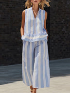 Elegant & Cozy Zipper Striped Cotton-linen Two-piece Set