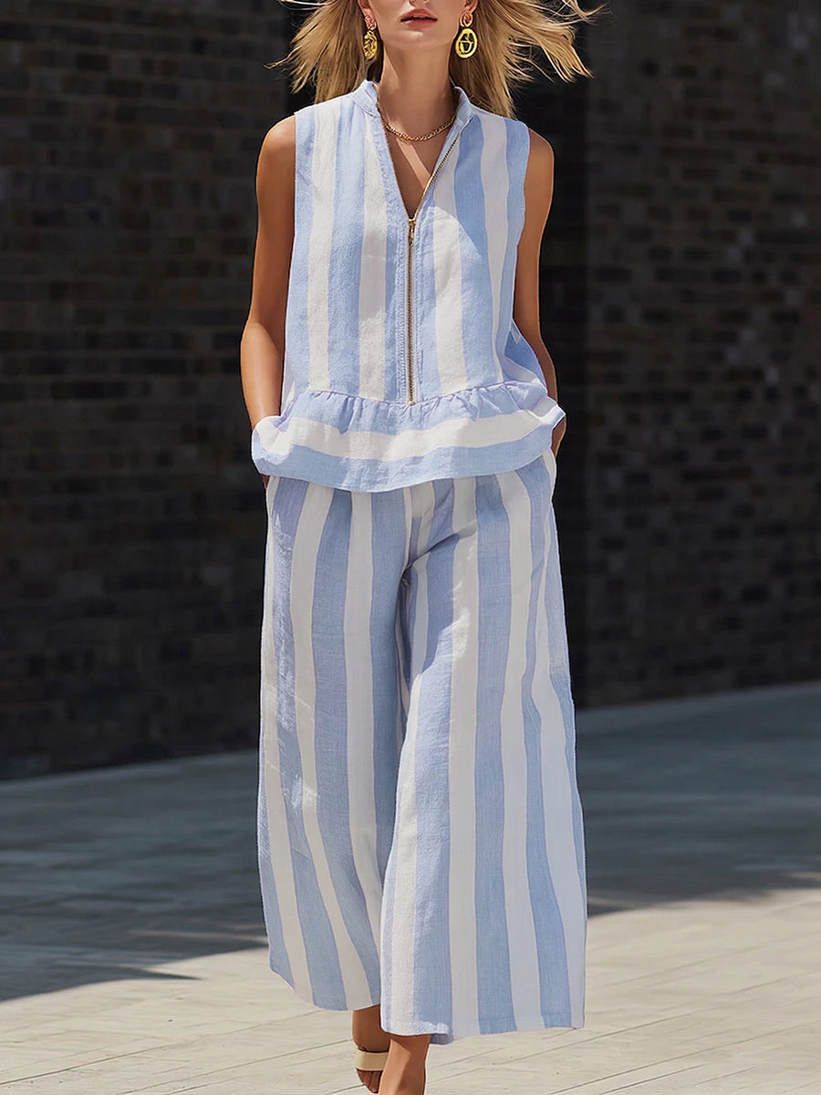 Elegant & Cozy Zipper Striped Cotton-linen Two-piece Set