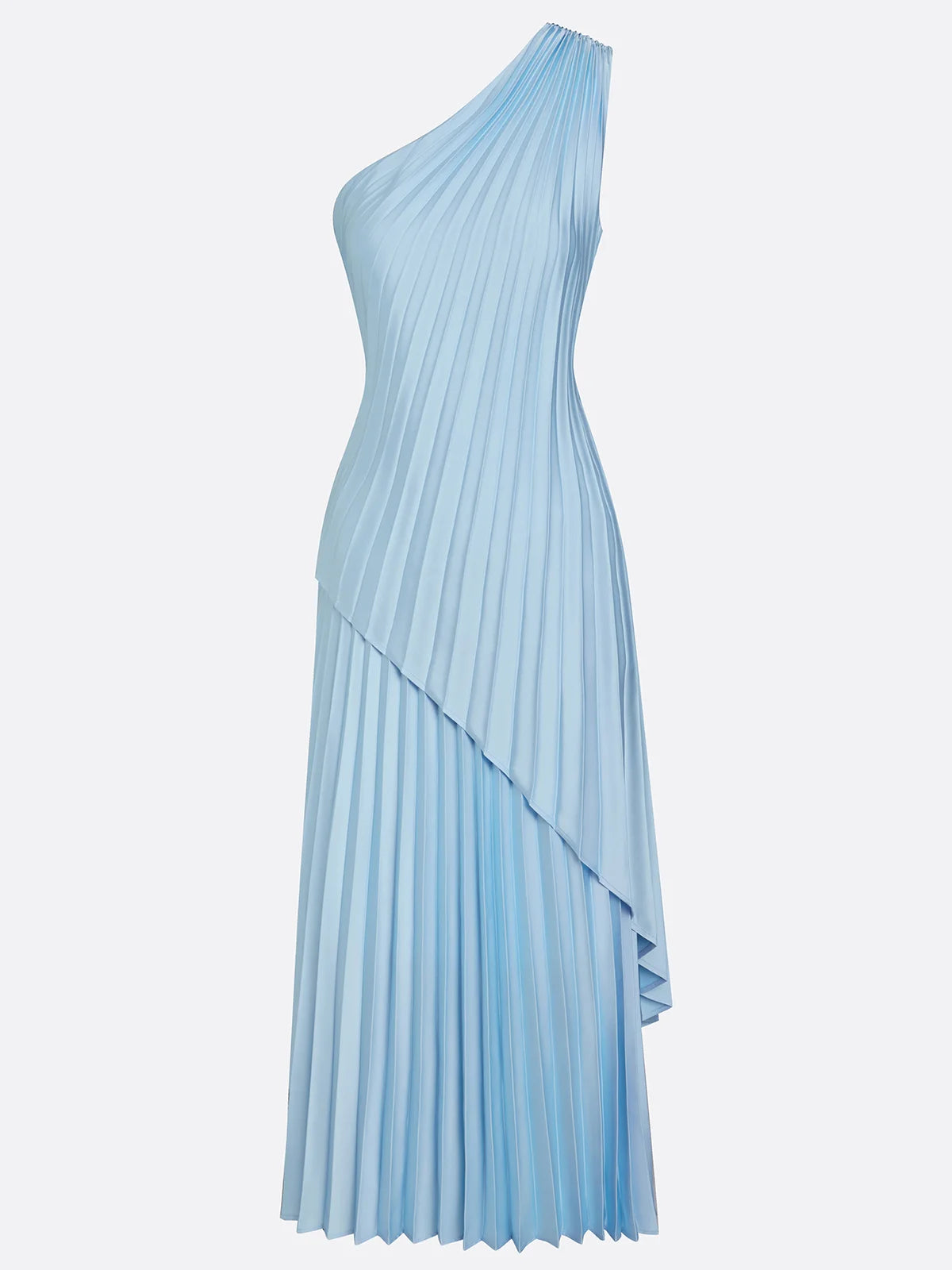 Women Light Blue Pleated One Shoulder Sleeveless Dressy Top With Skirt Two-Piece Set
