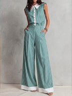 Stylish Casual Two-piece Set: Sleeveless Cotton Top With White Stripe Paneling And Matching Trousers