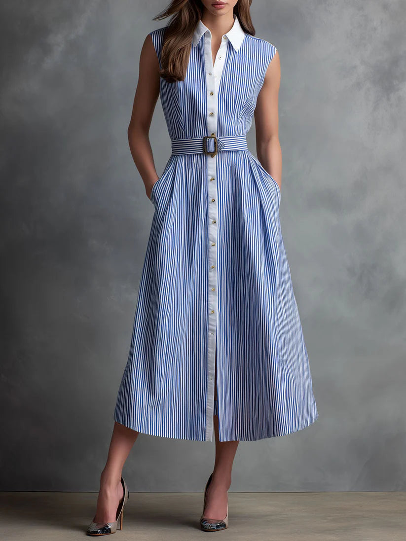Casual Yet Polished Striped Sleeveless Shirt Dress