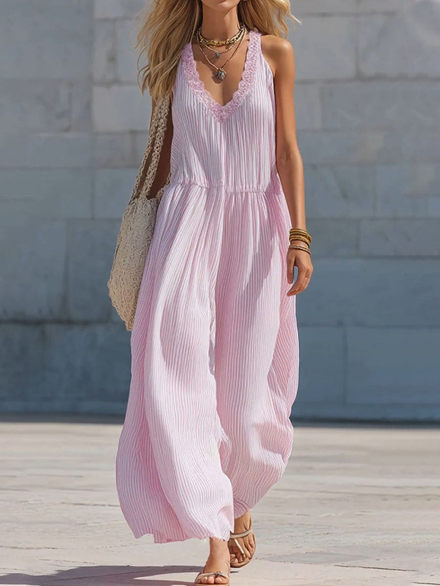 Women's Pink Striped V-neck Jumpsuit