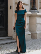Strapless Ruched High-Slit Evening Gown