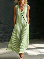 Cozy Classic Striped Button-front Cotton-linen Dress