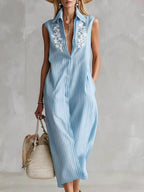 Women's Striped Lapel Sleeveless Loose-fit Casual Shirt Dress