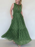 Elegant Polka Dot Print Belted Maxi Dress