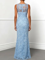 Light Blue Lace Boat Neck Sleeveless Mermaid Floor-length Gown Dress
