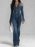 Women's Lapel Long-sleeved Casual Slim-fit Denim Jumpsuit