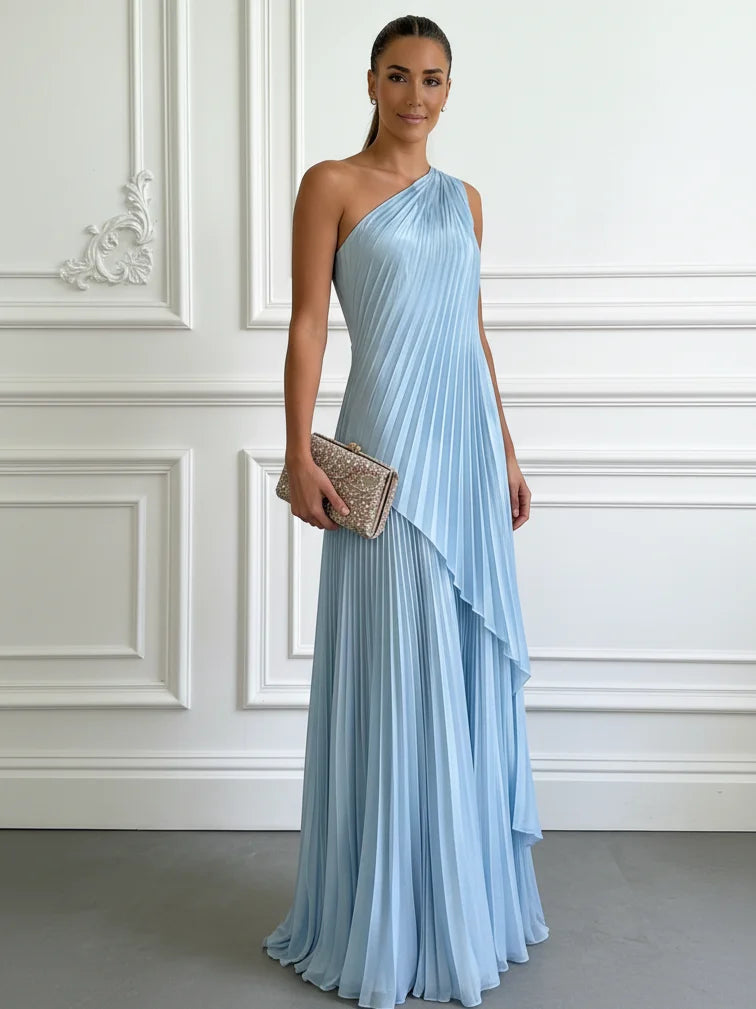 Women Light Blue Pleated One Shoulder Sleeveless Dressy Top With Skirt Two-Piece Set