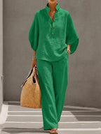 Women’s Batwing Sleeve Linen Cotton Two-Piece Set – Casual Shirt & Wide Leg Pants Outfit