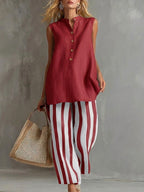 Casual Sleeveless Linen-cotton Top And Striped Pants Two-piece Set