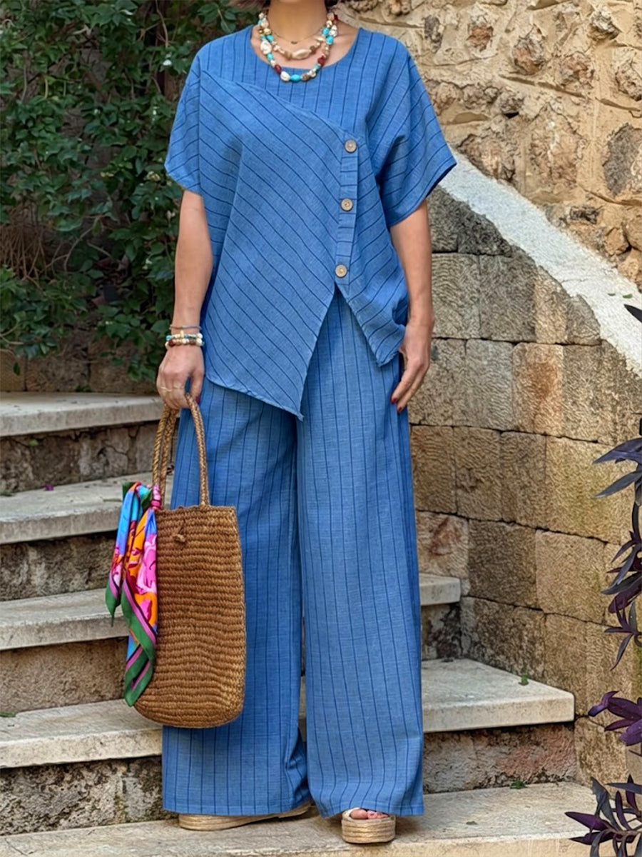 Casual Striped Linen And Cotton Two-piece Top And Pants Set