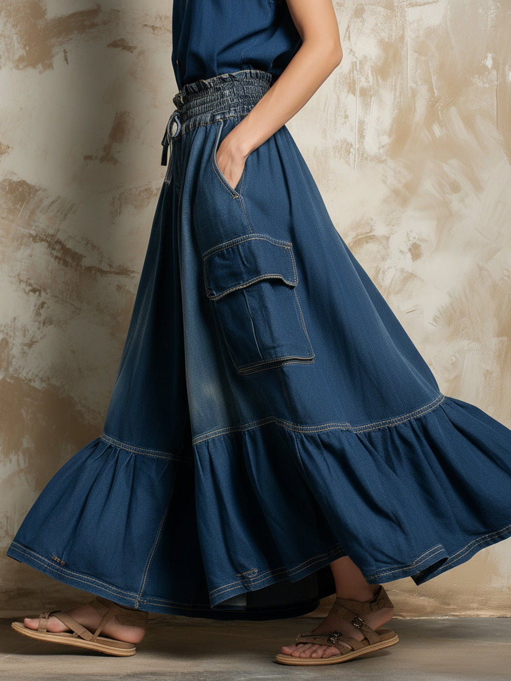 Vintage Washed Denim Cargo Cropped Wide-Leg Pants