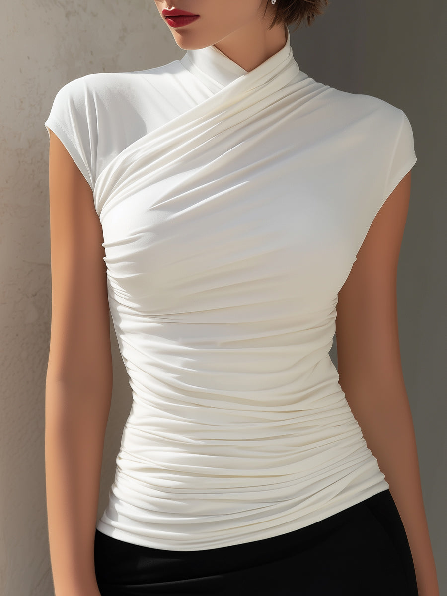 High-Neck Ruched Draped Fitted Top