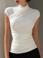 High-Neck Ruched Draped Fitted Top