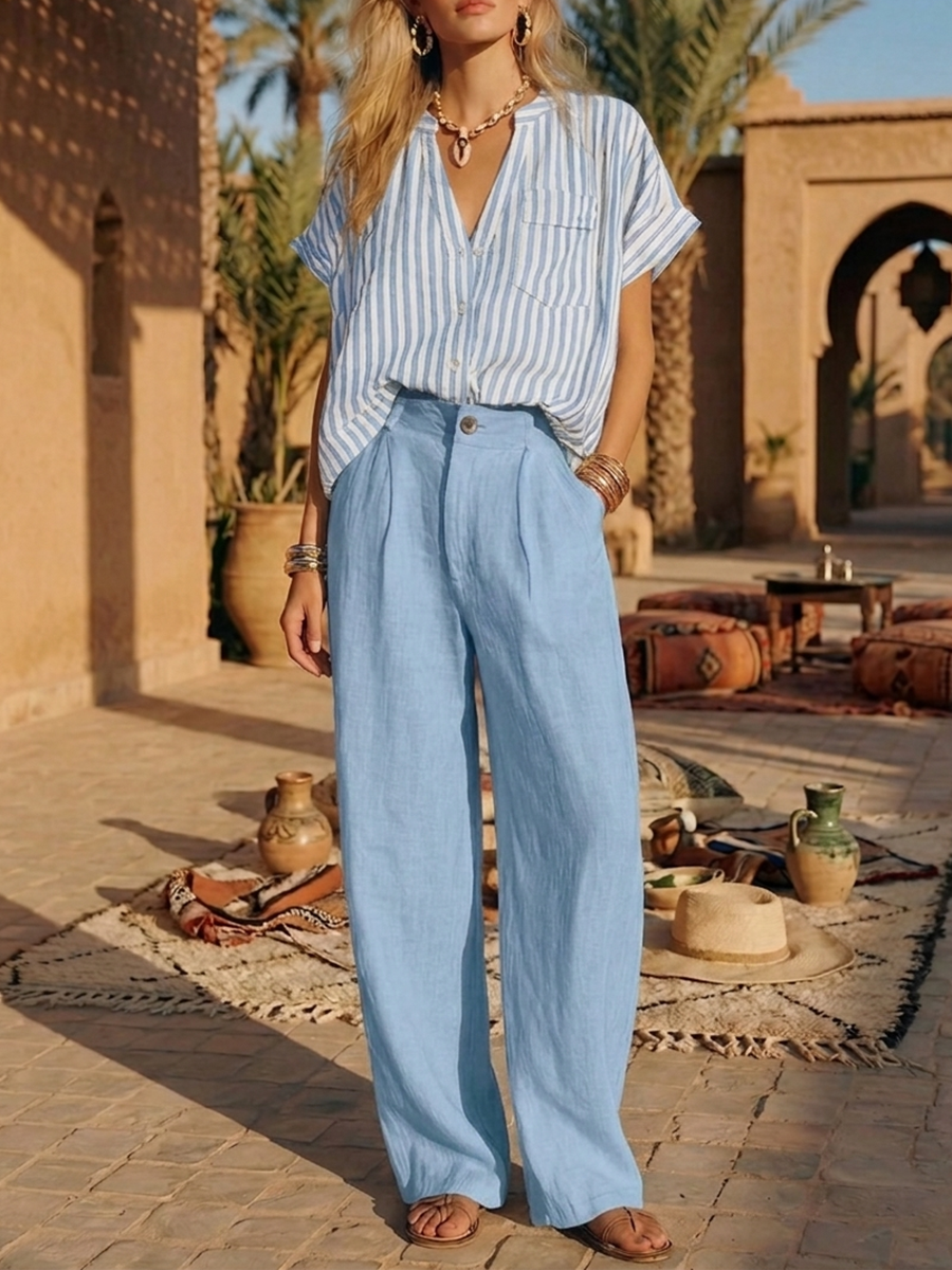 Cozy Striped Cotton-linen Two-piece Set