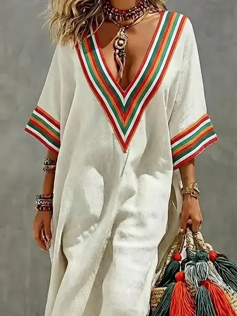 Women's Retro Striped Art Casual Vacation Cotton Linen Dress
