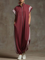 Women's Stand-collar Short-sleeved Casual Loose Cotton Wide-leg Jumpsuit