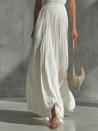 White Chiffon Pleated Halter Neck Sleeveless Fitted Waist A-line Maxi Dress