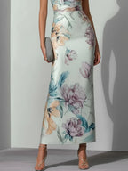 Light Blue Floral Satin V Neck Sleeveless Maxi Dress