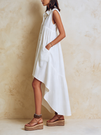 White Linen-Blend Sleeveless High-Low Shirt Dress with Pockets