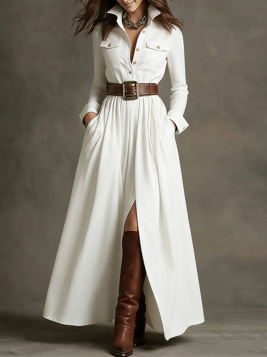 Women's Retro Solid Color Long-sleeved Dress