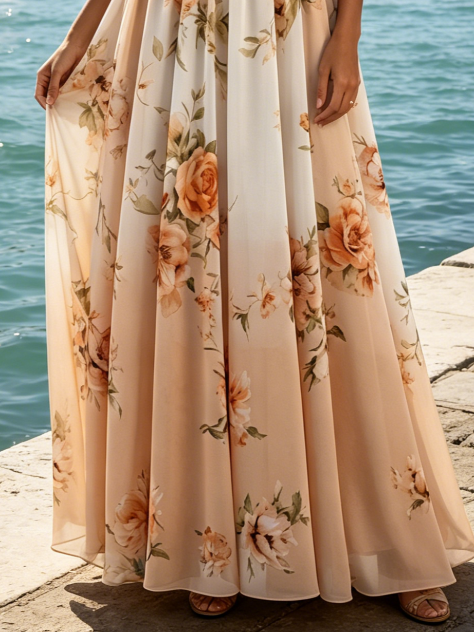 Orange Floral Chiffon V Neck Sleeveless A-Line Floor-length Gown Dress