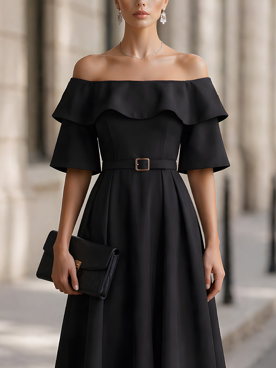 Off-Shoulder Belted Ruffle Sleeve A-Line Midi Dress