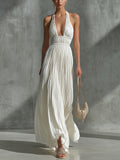 White Chiffon Pleated Halter Neck Sleeveless Fitted Waist A-line Maxi Dress