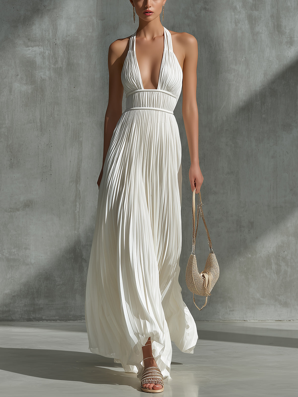 White Chiffon Pleated Halter Neck Sleeveless Fitted Waist A-line Maxi Dress